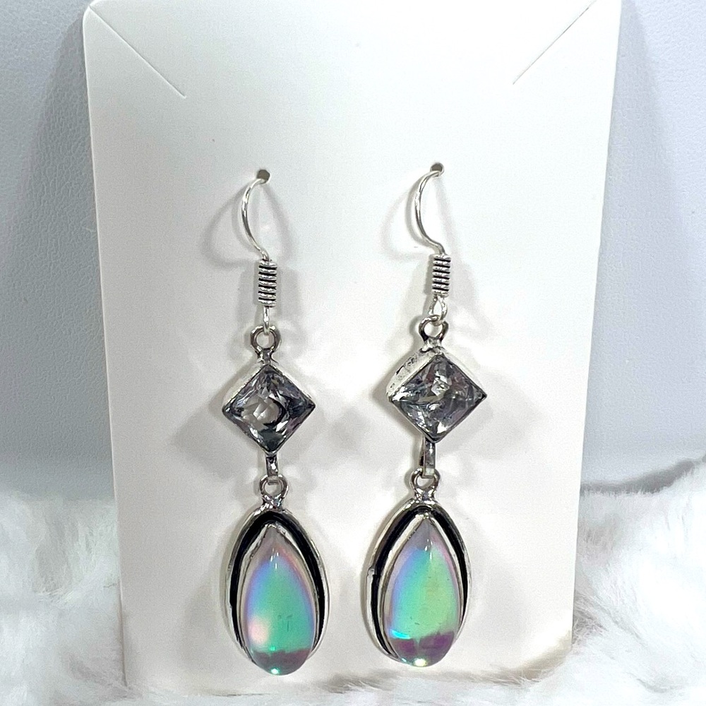 Rainbow Fire Topaz 🌈🔥 White Topaz Synthetic 925 Earrings